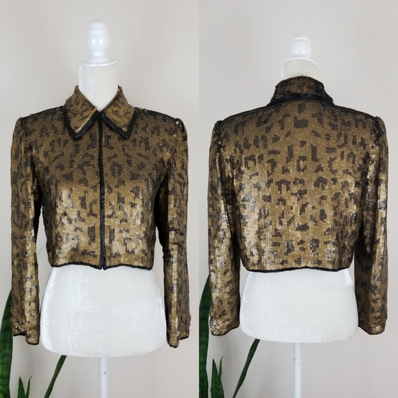 SOLD ❌ VTG 90s Silk Sequin Leopard Cropped Blazer - Picture 5 of 10